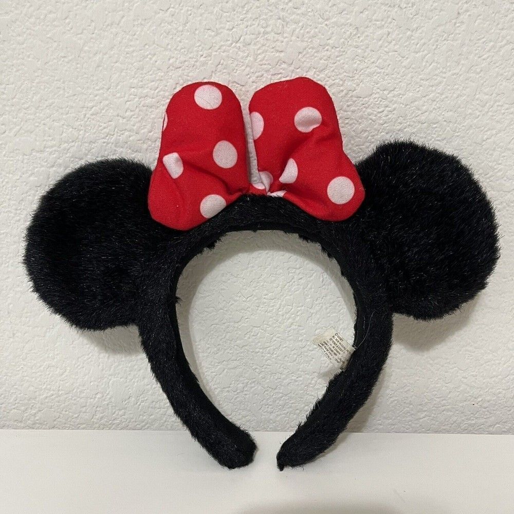 Disney Parks Minnie Mouse Red White Polka Dot Bow Black Plush Ears Headband